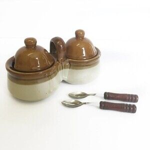 Vintage 70's Tricolor Brown Stoneware  Condiment Relish Jam Honey Sugar Server